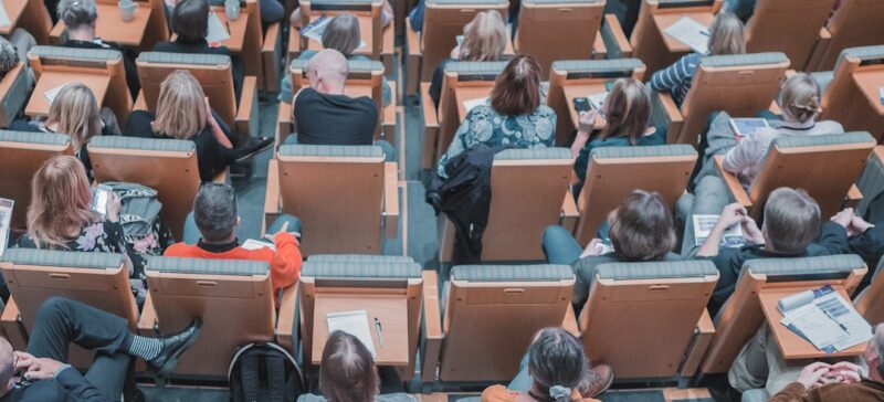 A college lecture hall full of people