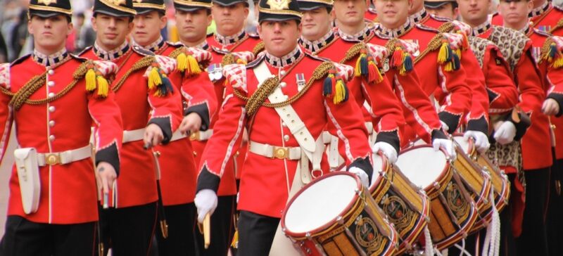 A military band marching through the street